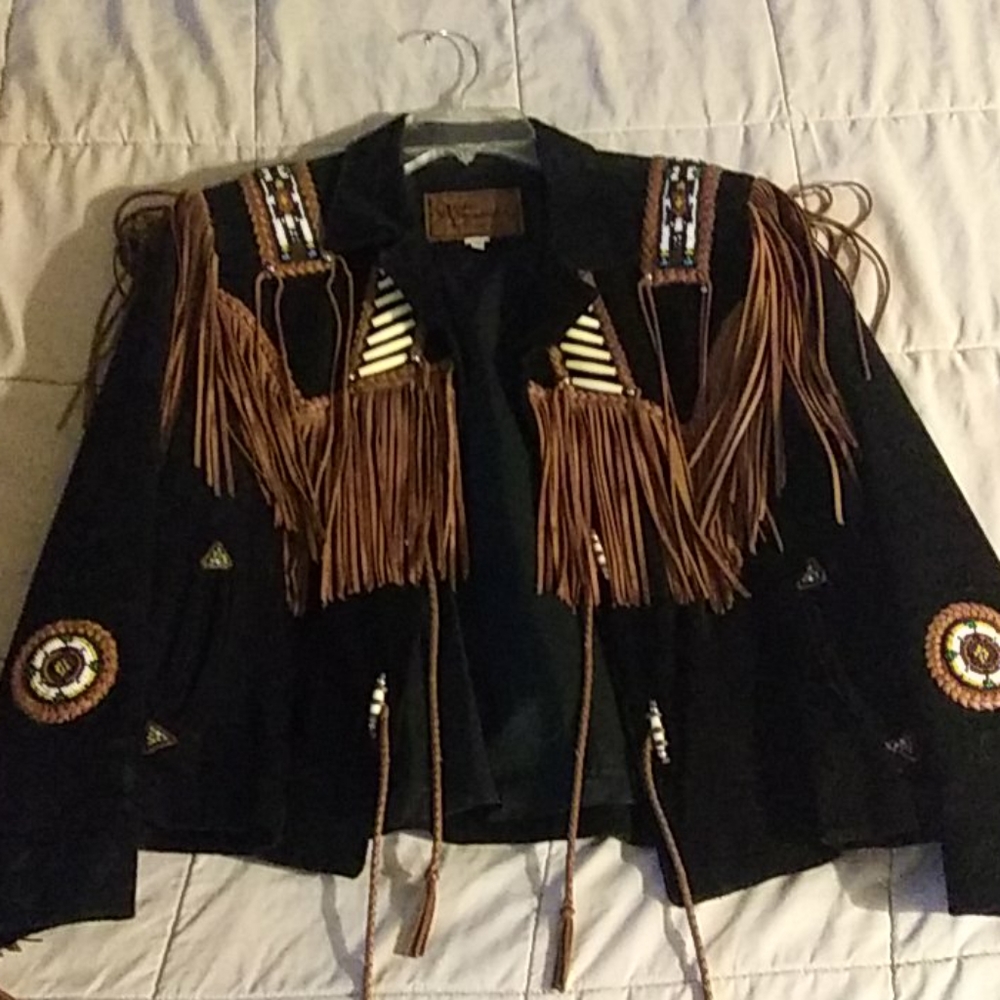 Leather suede fringe beaded jacket